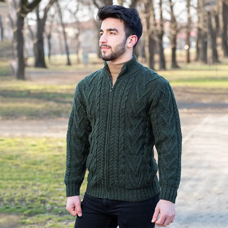 A20231 ARMY GREEN Colour Men's Full Zip Merino Aran Cardigan Gaelsong