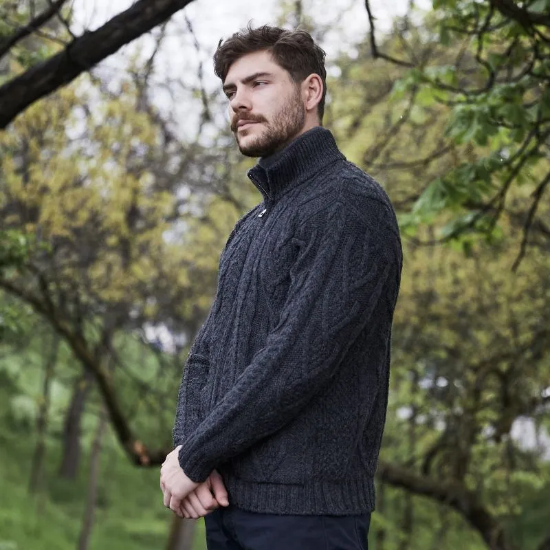 A20231 CHARCOAL Colour Men's Full Zip Merino Aran Cardigan Gaelsong