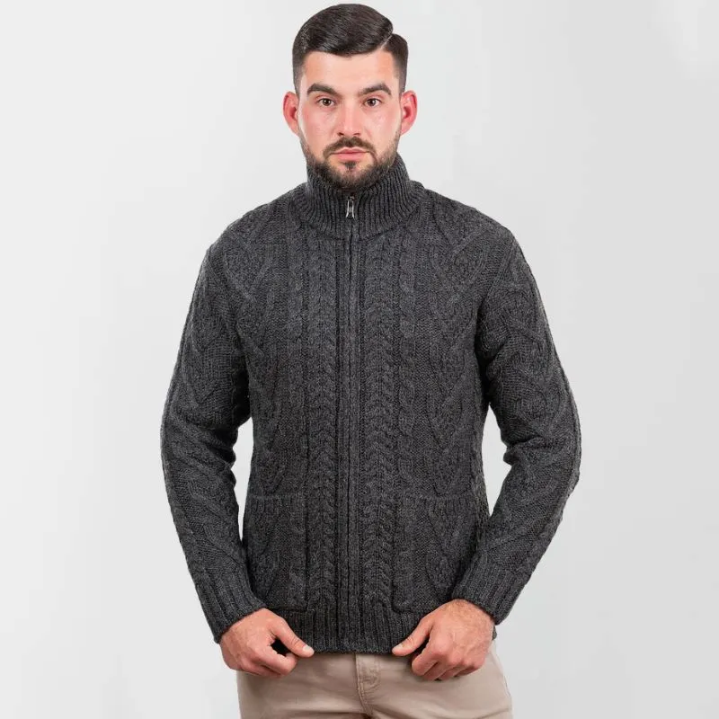 A20231 CHARCOAL Colour Men's Full Zip Merino Aran Cardigan  Gaelsong