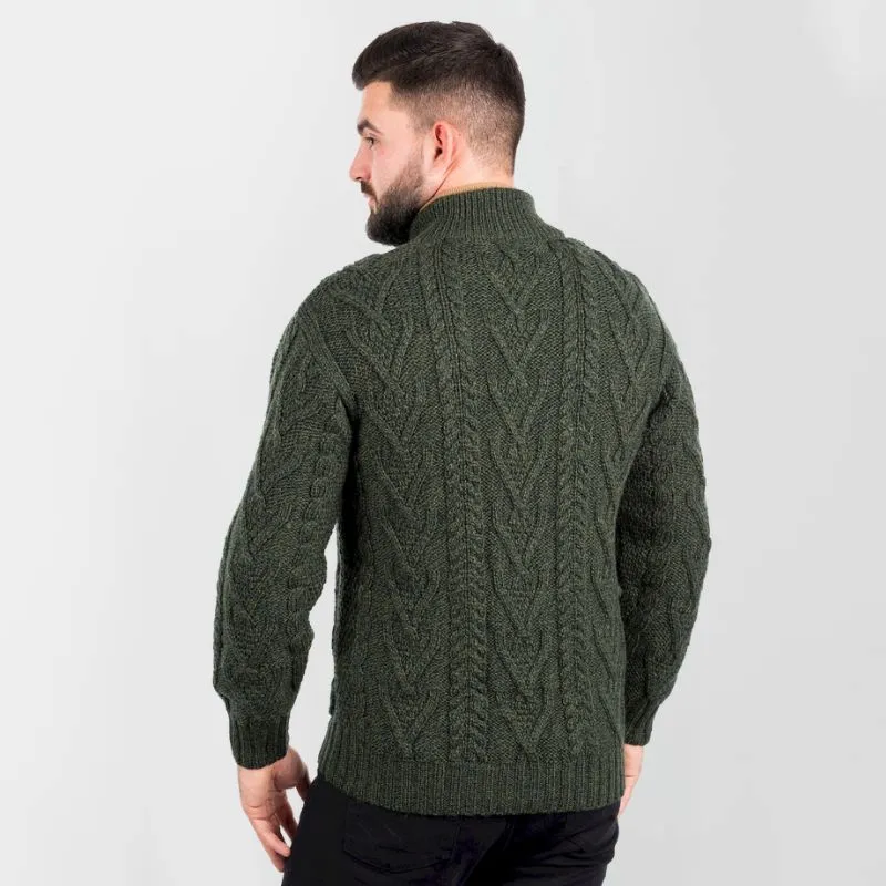 A20231 ARMY GREEN Colour Men's Full Zip Merino Aran Cardigan  Gaelsong