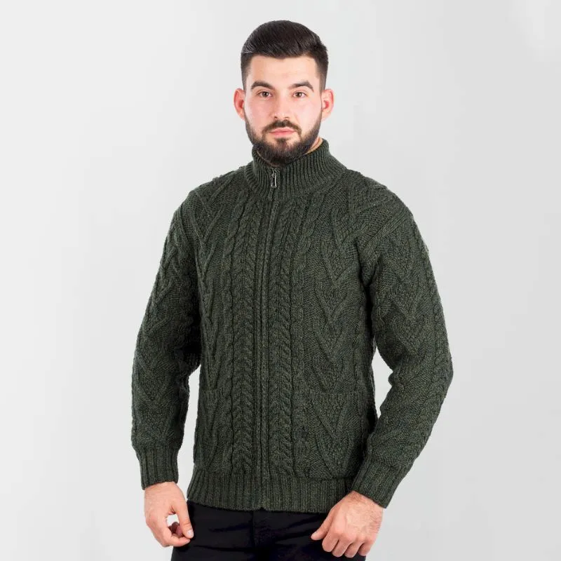 A20231 ARMY GREEN Colour Men's Full Zip Merino Aran Cardigan  Gaelsong
