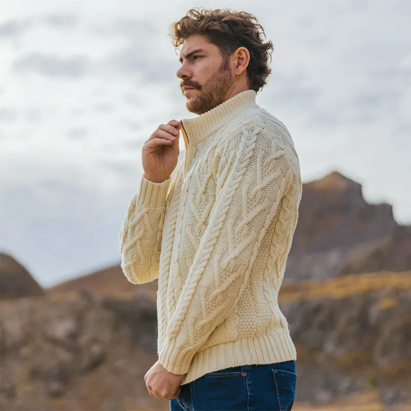 A20231 NATURAL WHITE Colour Men's Full Zip Merino Aran Cardigan Side View Gaelsong