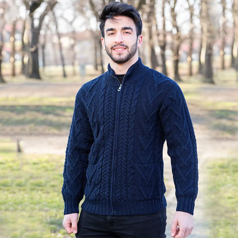 A20231 NAVY Colour Men's Full Zip Merino Aran Cardigan Gaelsong
