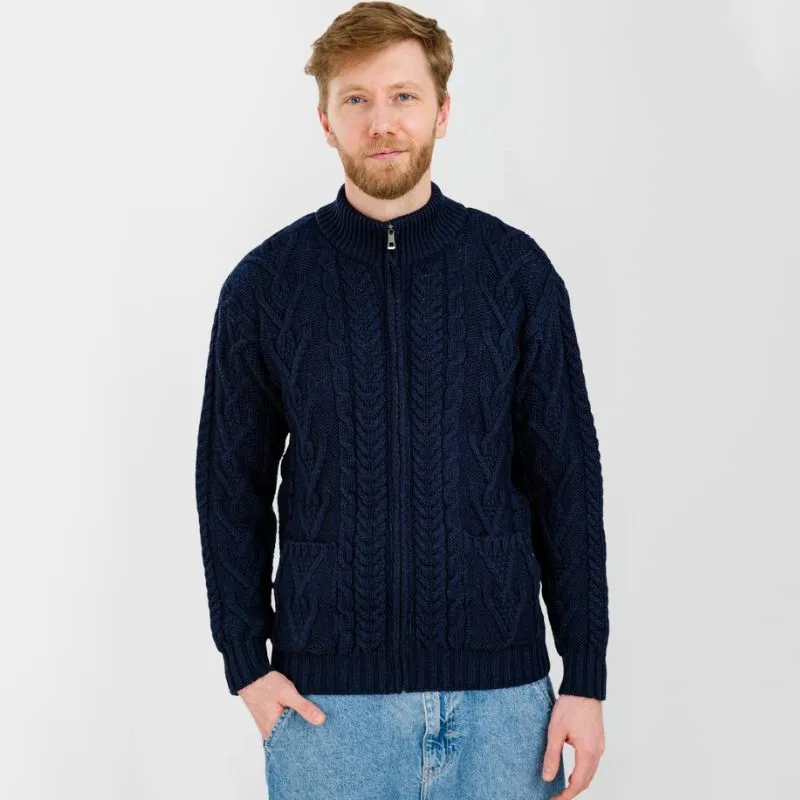 A20231 NAVY Colour Men's Full Zip Merino Aran Cardigan Gaelsong