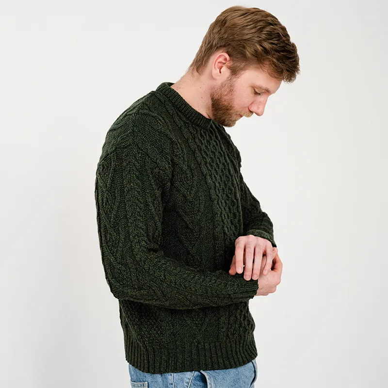 A20232 ARMY GREEN Colour Men's Irish Aran Sweater Studio Side View Gaelsong