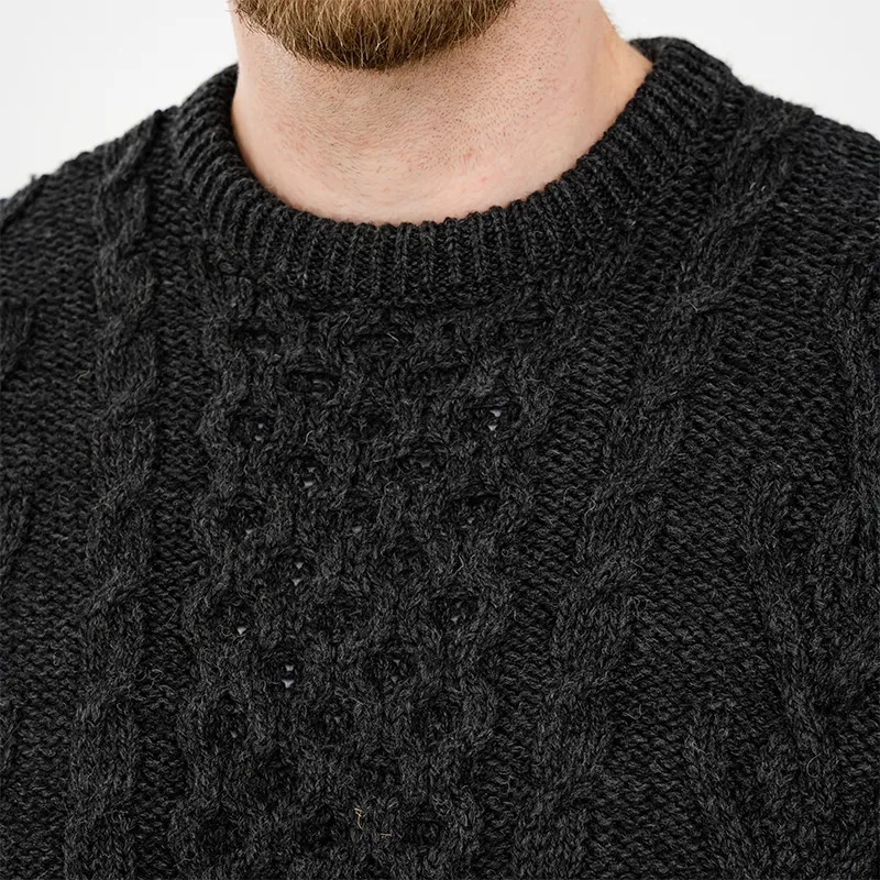 A20232 CHARCOAL Colour Men's Irish Aran Sweater Closeup Chest View  Gaelsong