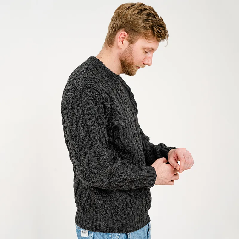 A20232 CHARCOAL Colour Men's Irish Aran Sweater Side View Gaelsong