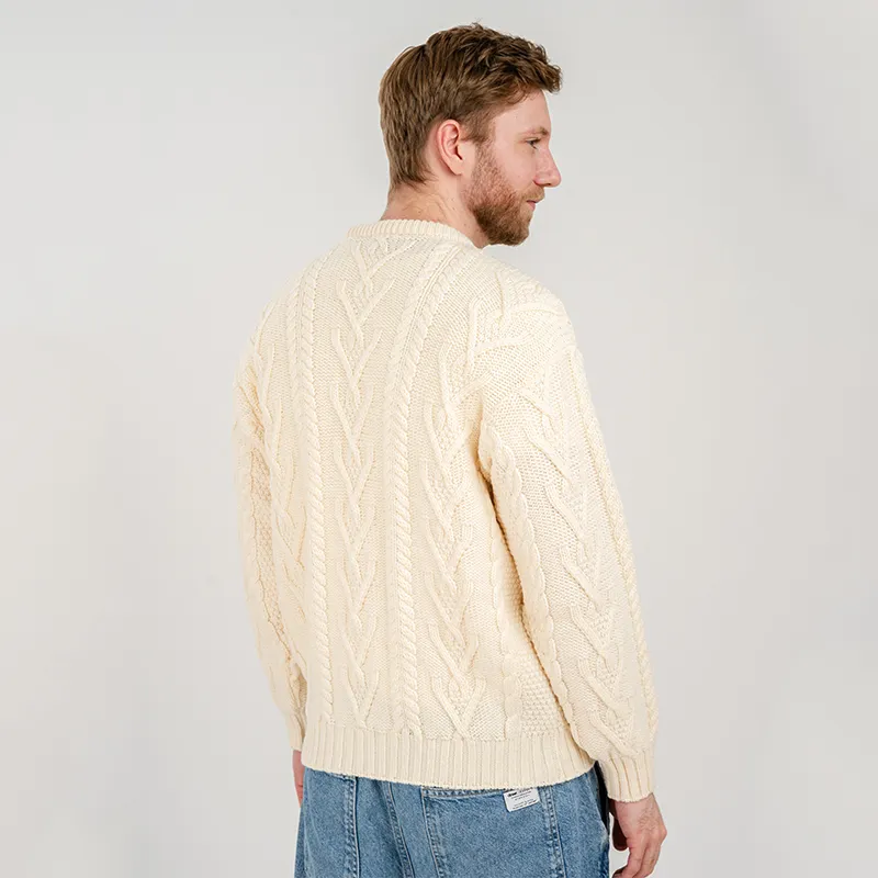 A20232 NATURAL WHITE Men's Irish Aran Sweater Back Studio Side View  Gaelsong