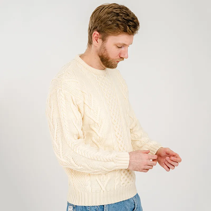 A20232 NATURAL WHITE Men's Irish Aran Sweater Side View Gaelsong