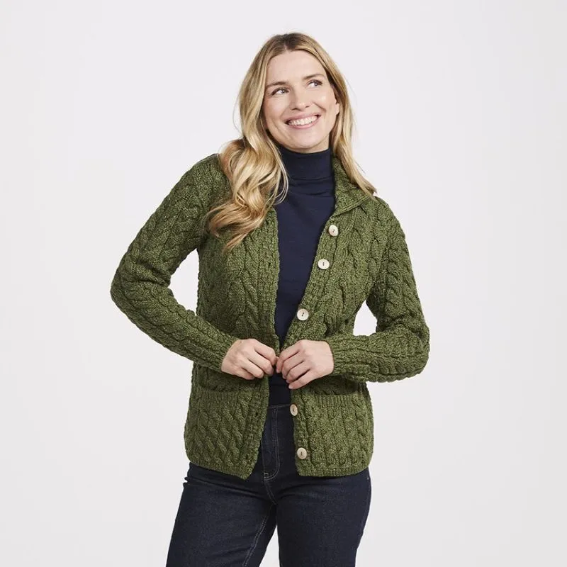 A20244 MEADOW GREEN Colour Cable Knit Button-Up Aran Cardigan Gaelsong