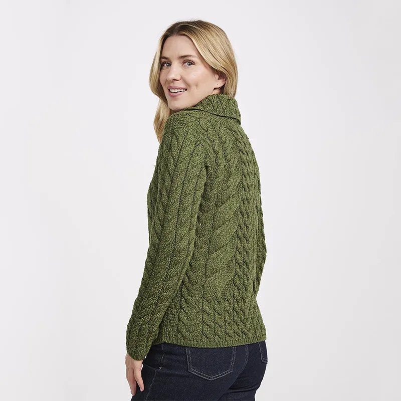 A20244 MEADOW GREEN Colour Cable Knit Button-Up Aran Cardigan Back Side View  Gaelsong