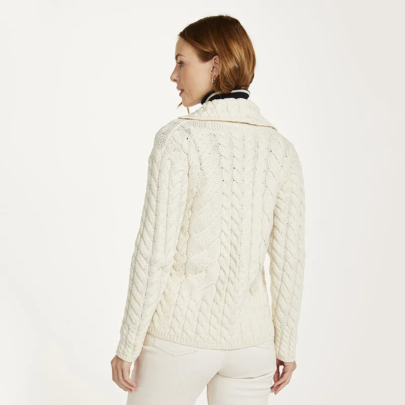 A20244 WHITE Colour Cable Knit Button-Up Aran Cardigan Back Side View Gaelsong