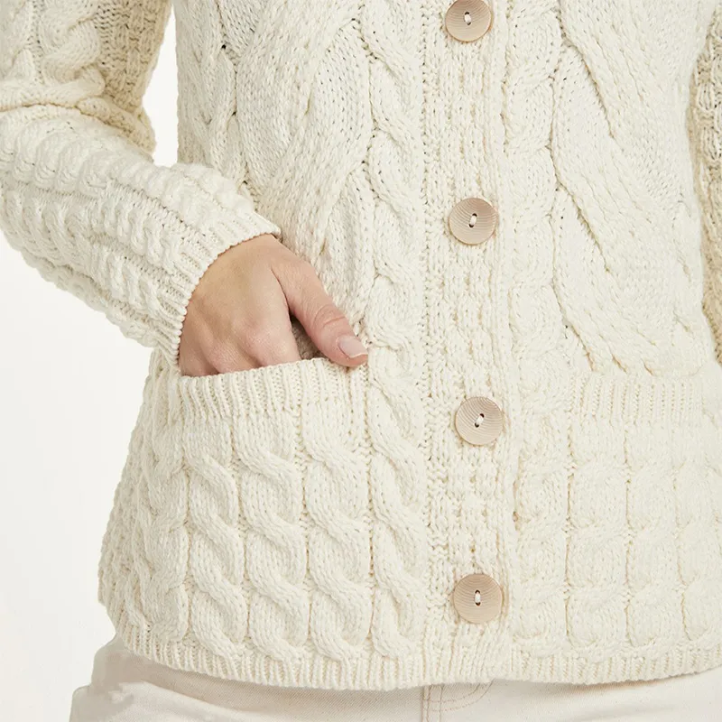 A20244 WHITE Colour Cable Knit Button-Up Aran Cardigan Front Pocket Knit View Gaelsong