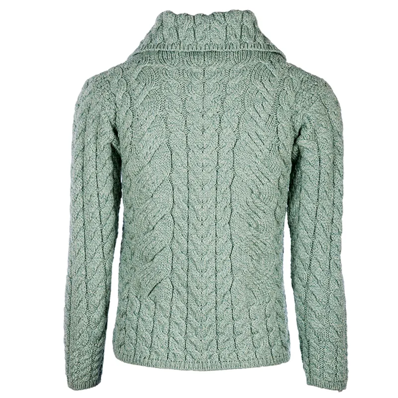 A20244 SEAFOAM GREEN Colour Cable Knit Button-Up Aran Cardigan Studio Back Side View Gaelsong