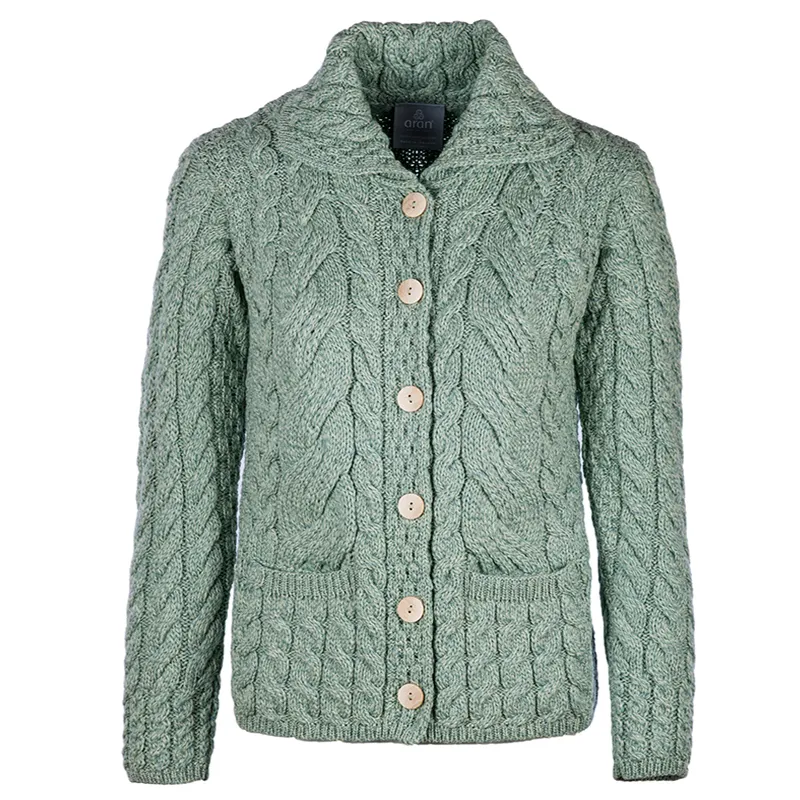 A20244 SEAFOAM GREEN Colour Cable Knit Button-Up Aran Cardigan Studio Front Gaelsong