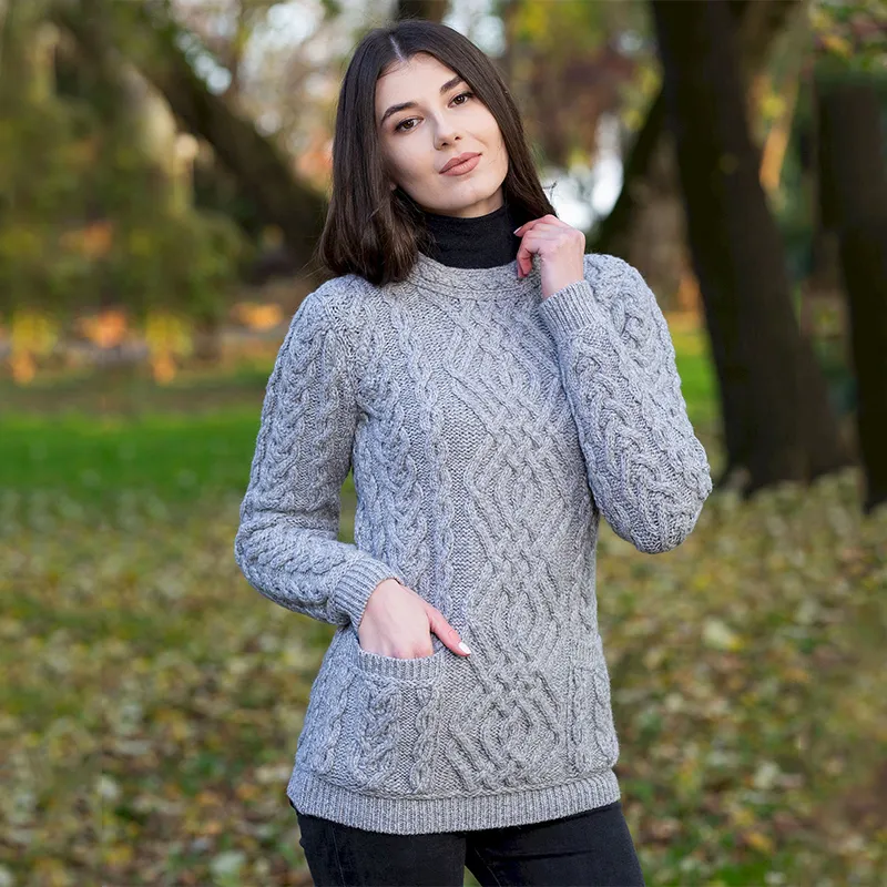 A20245 GREY Colour Women's Merino Cable Crewneck Irish Sweater Gaelsong 
