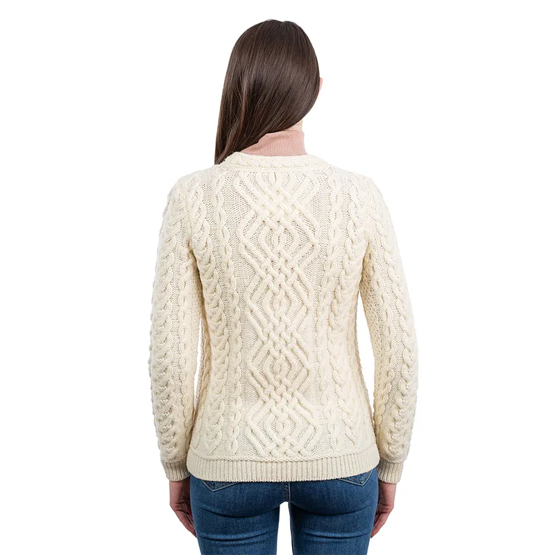 A20245 NATURAL WHITE Colour Women's Merino Cable Crewneck Irish Sweater Studio Back Side Gaelsong 
