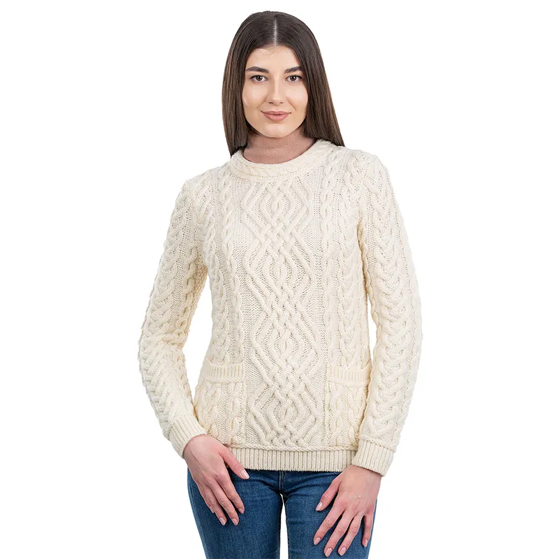 A20245 NATURAL WHITE Colour Women's Merino Cable Crewneck Irish Sweater Studio Gaelsong 