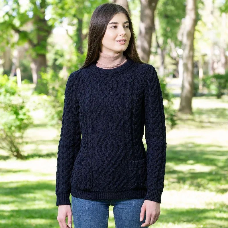 A20245 NAVY Colour Women's Merino Cable Crewneck Irish Sweater Gaelsong 
