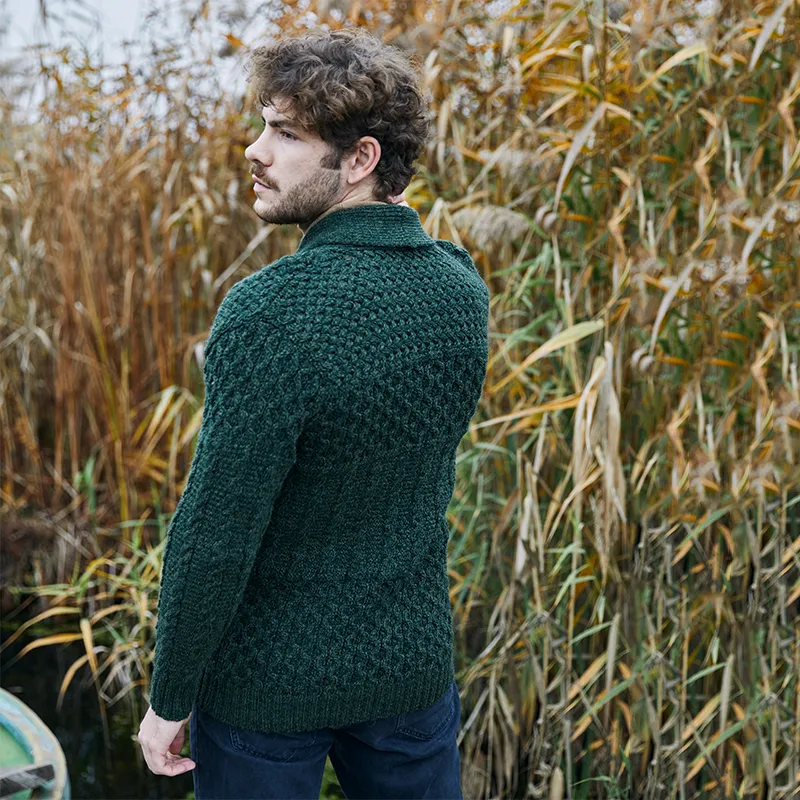 A20247 ARMY GREEN Colour Men's Cable Shawl-Collar Cardigan Gaelsong