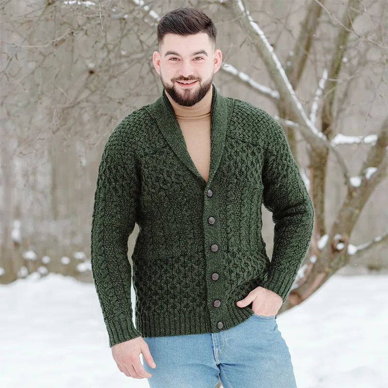 A20247 ARMY GREEN Colour Men's Cable Shawl-Collar Cardigan Lifestyle Gaelsong