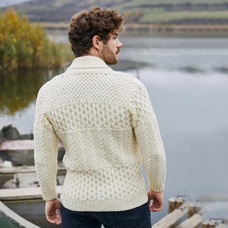 A20247 NATURAL WHITE Colour Men's Cable Shawl-Collar Cardigan Back Side View Gaelsong