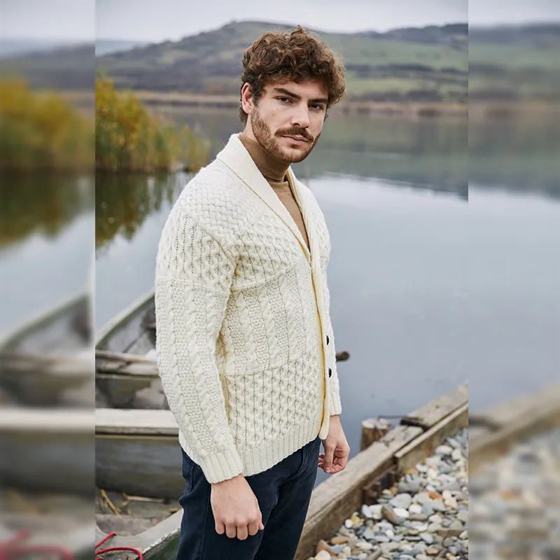 A20247 NATURAL WHITE Colour Men's Cable Shawl-Collar Cardigan Side View Gaelsong