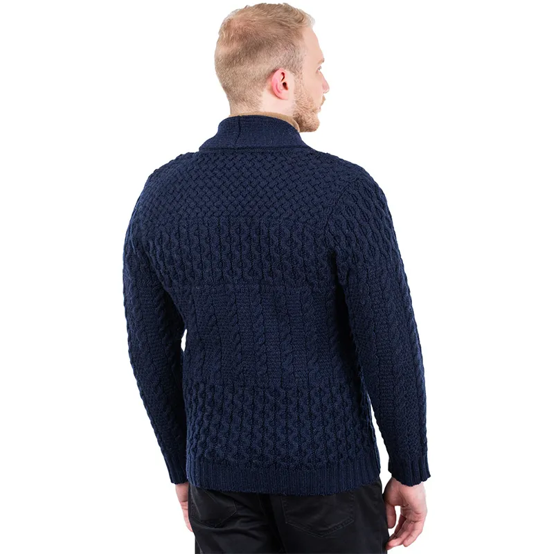 A20247 NAVY BLUE Colour Men's Cable Shawl-Collar Cardigan Studio Back Side View Gaelsong