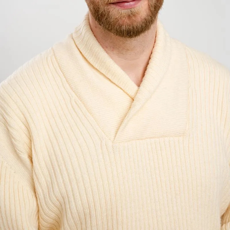 A20248 NATURAL WHITE Colour Men's Shawl Collar Fisherman Sweater Closeup View Gaelsong