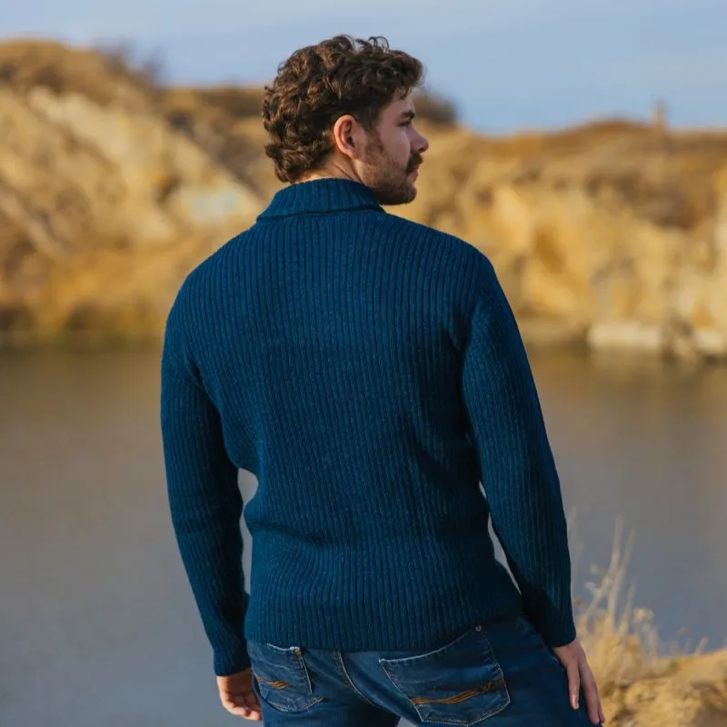 A20248 OCEAN BLUE Colour Men's Shawl Collar Fisherman Sweater Lifestyle  Back Side  Gaelsong