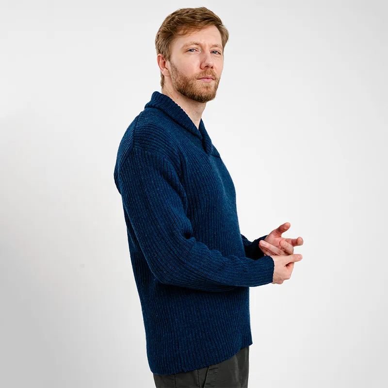 A20248 OCEAN BLUE Colour Men's Shawl Collar Fisherman Sweater Back Side View Gaelsong