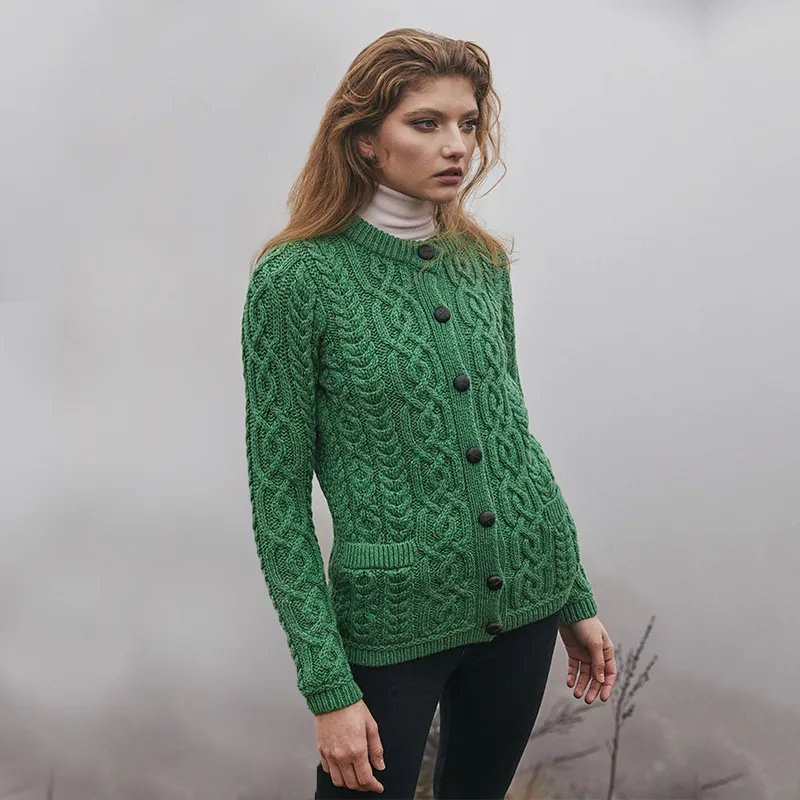 A20249 GREEN Colour Traditional Ladies Irish Lumber Cardigan Lifestyle Gaelsong