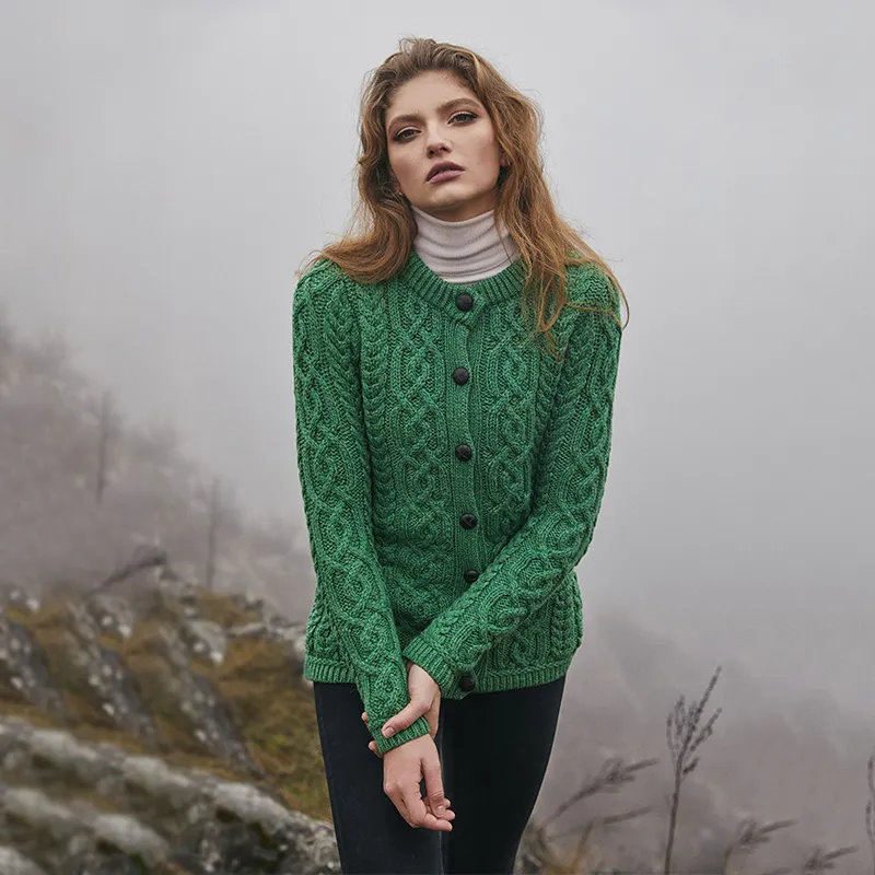 A20249 GREEN Colour Traditional Ladies Irish Lumber Cardigan Gaelsong