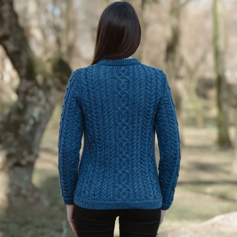 A20249 MARL BLUE Colour Traditional Ladies Irish Lumber Cardigan Back Side Gaelsong