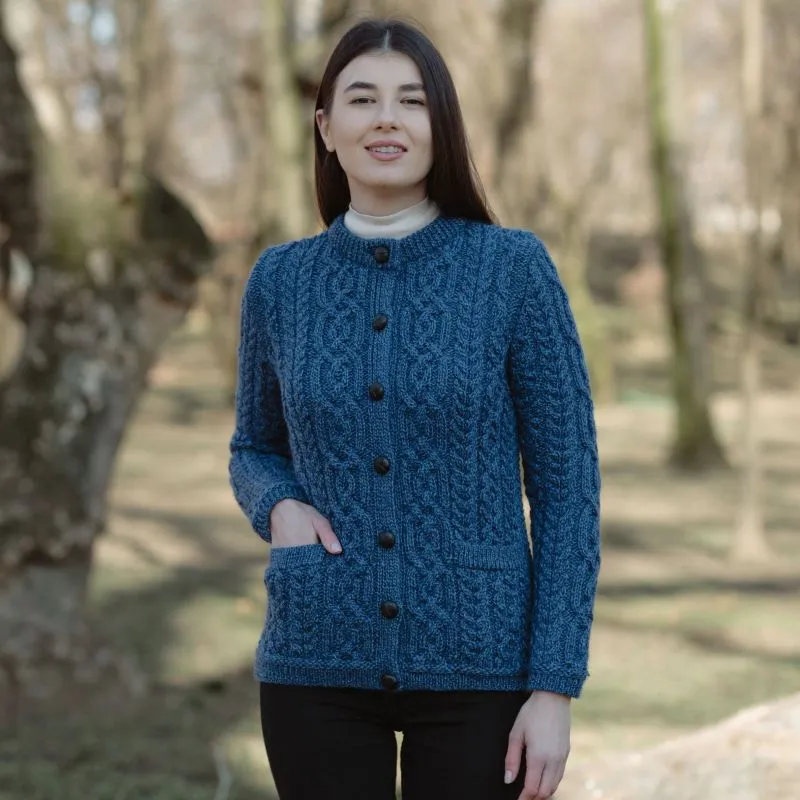 A20249 MARL BLUE Colour Traditional Ladies Irish Lumber Cardigan Lifestyle Gaelsong