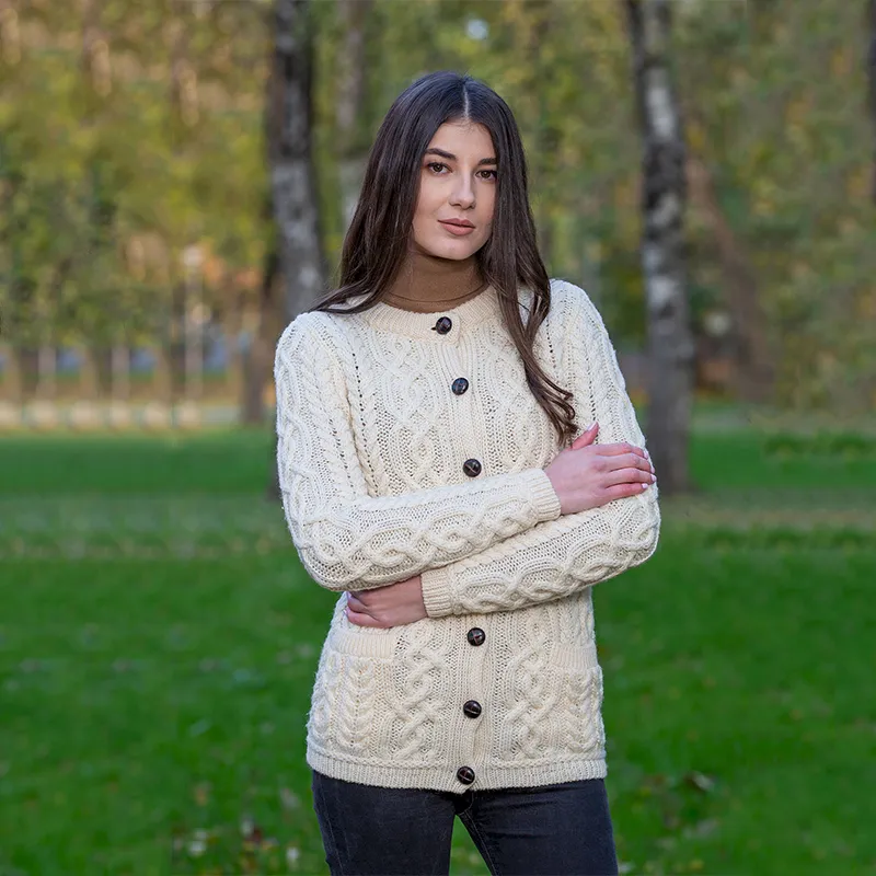 A20249 NATURAL WHITE Colour Traditional Ladies Irish Lumber Cardigan Gaelsong