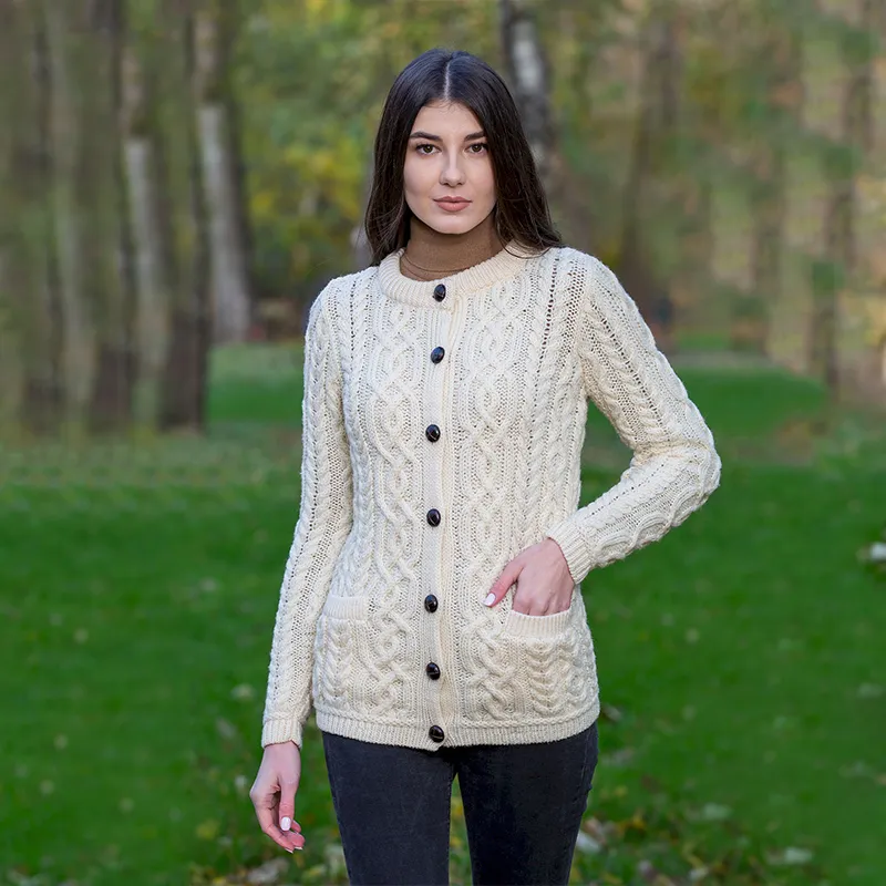 A20249 NATURAL WHITE Colour Traditional Ladies Irish Lumber Cardigan Lifestyle Gaelsong