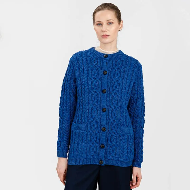 A20249 MARL BLUE Colour Traditional Ladies Irish Lumber Cardigan  Gaelsong