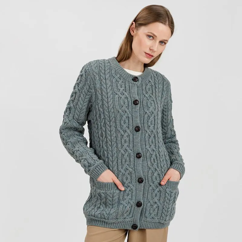 A20249 MISTY BLUE Colour Traditional Ladies Irish Lumber Cardigan Gaelsong