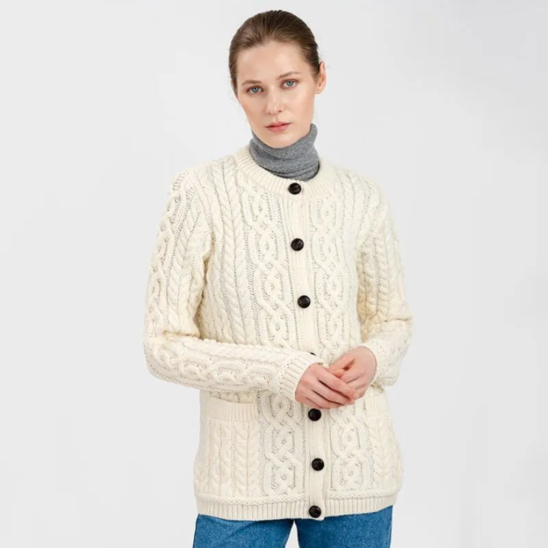 A20249 NATURAL WHITE Colour Traditional Ladies Irish Lumber Cardigan  Gaelsong