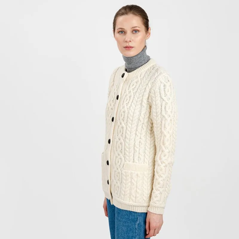 A20249 NATURAL WHITE Colour Traditional Ladies Irish Lumber Cardigan  Gaelsong
