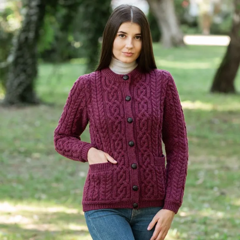 A20249 WINE Colour Traditional Ladies Irish Lumber Cardigan Gaelsong