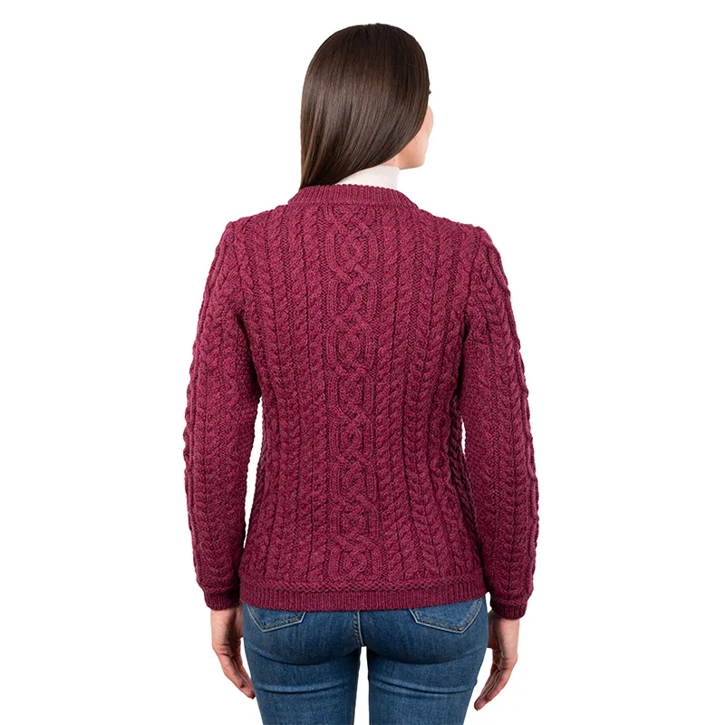 A20249 WINE Colour Traditional Ladies Irish Lumber Cardigan Studio Back Side View Gaelsong