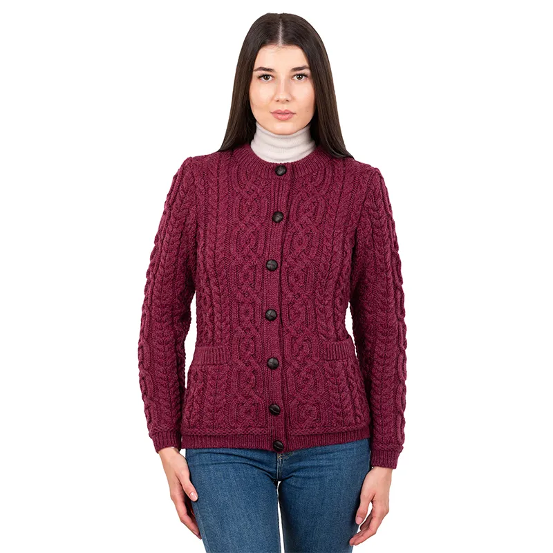 A20249 WINE Colour Traditional Ladies Irish Lumber Cardigan Studio Front Gaelsong