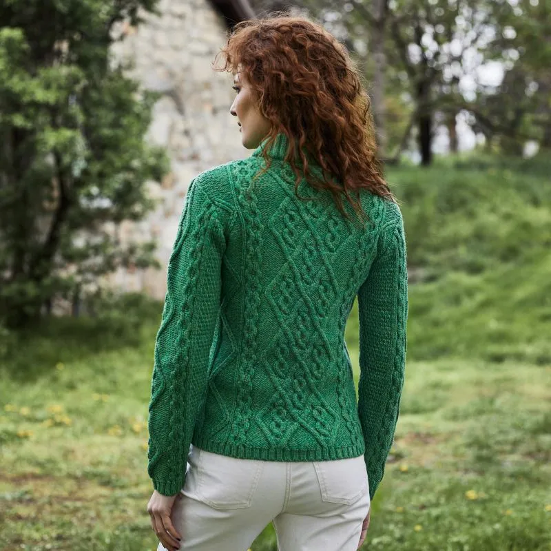 A20251 GREEN Colour Ladies Berry Cable Knit Aran Sweater Back Side View Gaelsong