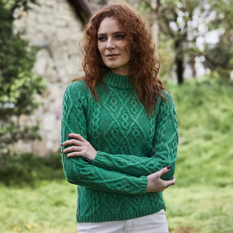 A20251 GREEN Colour Ladies Berry Cable Knit Aran Sweater Gaelsong