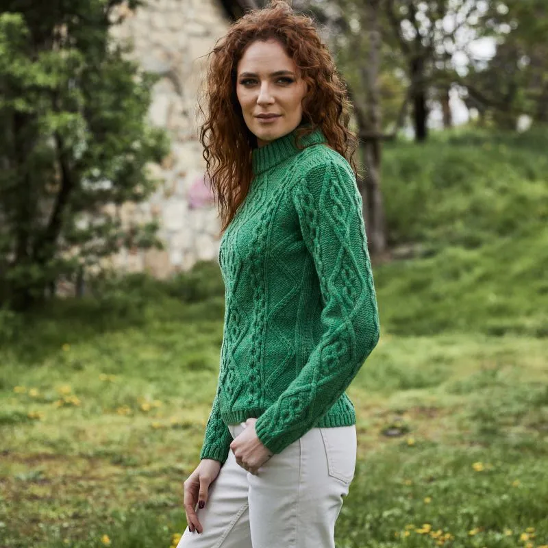 A20251 GREEN Colour Ladies Berry Cable Knit Aran Sweater Side View Gaelsong