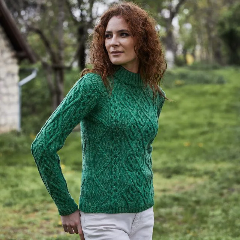 A20251 GREEN Colour Ladies Berry Cable Knit Aran Sweater Pattern View Gaelsong
