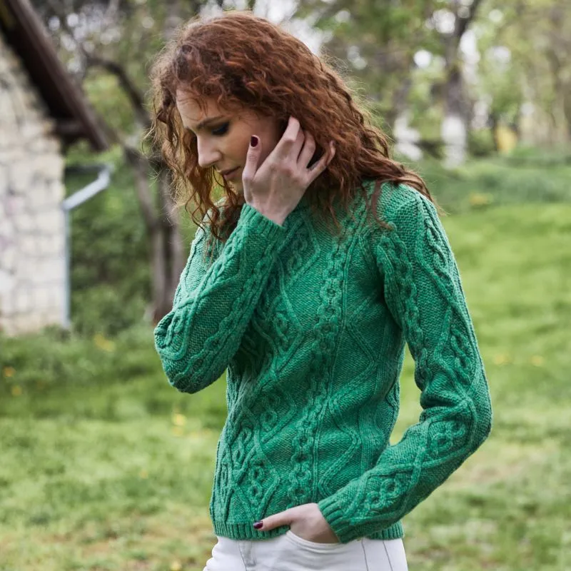 A20251 GREEN Colour Ladies Berry Cable Knit Aran Sweater Lifestyle Gaelsong