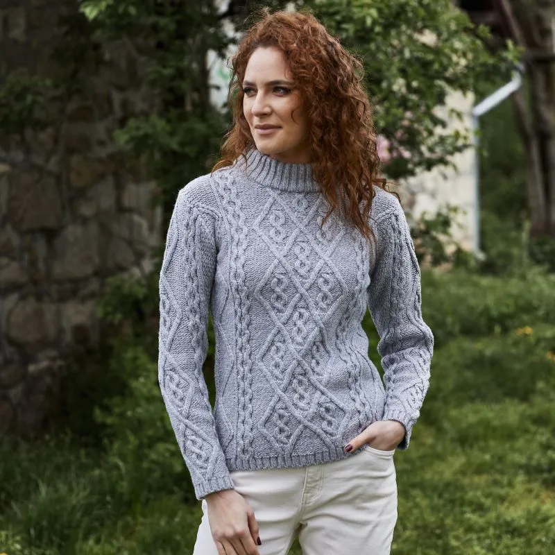 A20251 GREY Colour Ladies Berry Cable Knit Aran Sweater Gaelsong